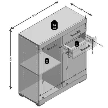 FMD Szafka, 2 drzwiczek i 2 szuflady, 80 x 34,9 x 89,9 cm, dębowa