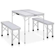   Składany stolik turystyczny z 2 ławkami, aluminium, biały